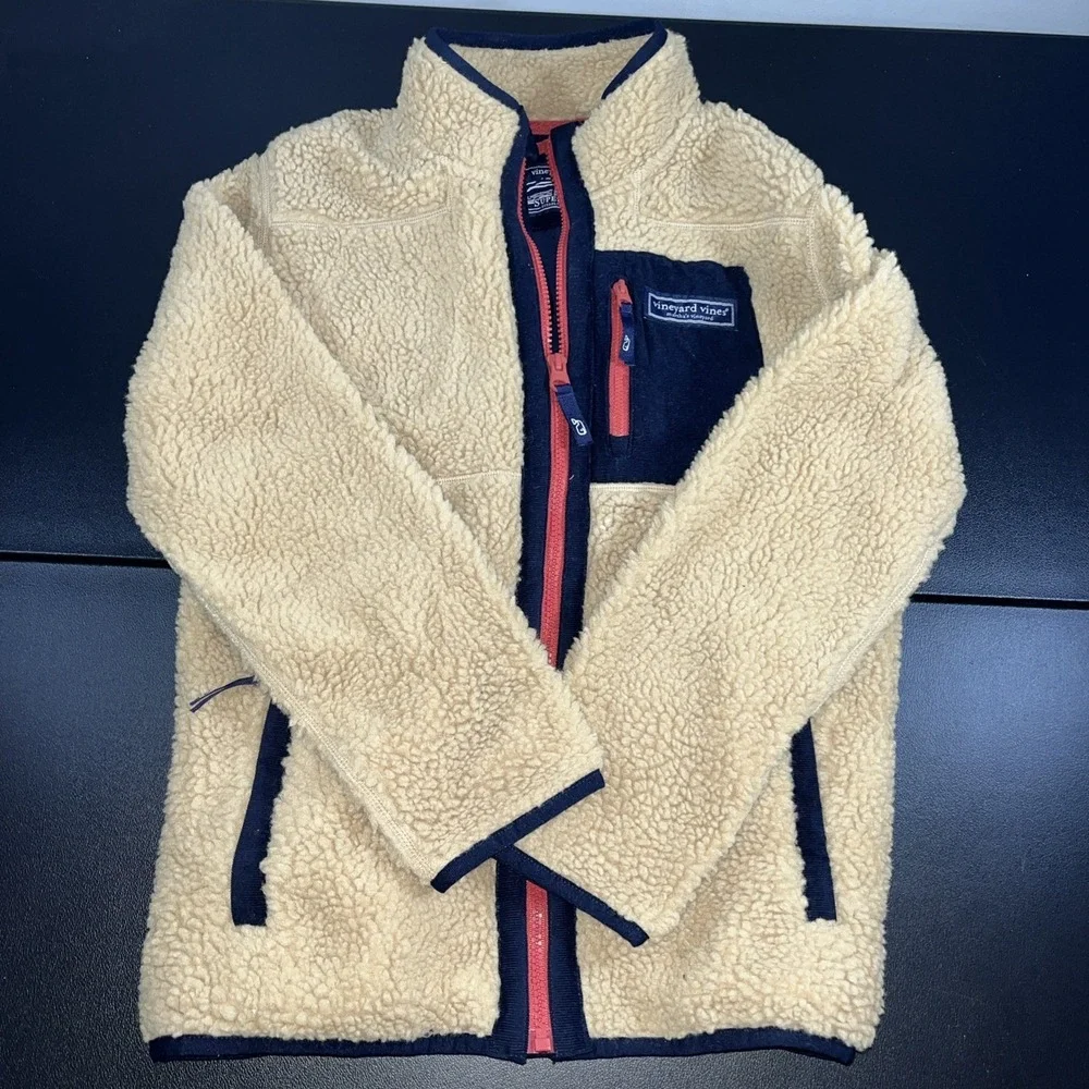 Vineyard Vines M Medium Boys SuperShep Fleece Jacket Beige Tan Sherpa Full Zip